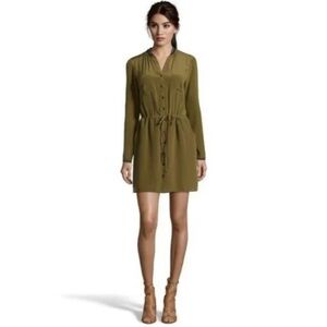Greylin Olive Green 100% Silk Melissa Long Sleeve Shirt Dress LARGE fall earthy